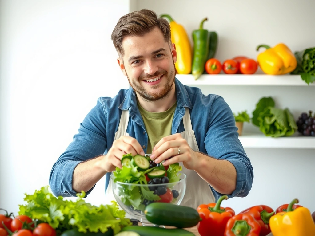 Uomo sorridente che prepara un'insalata fresca e colorata, simbolo di nutrizione sana e benessere