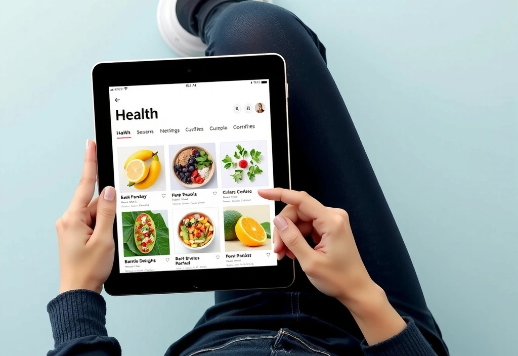 Persona che naviga su un tablet, mostrando contenuti informativi sul benessere e la nutrizione.